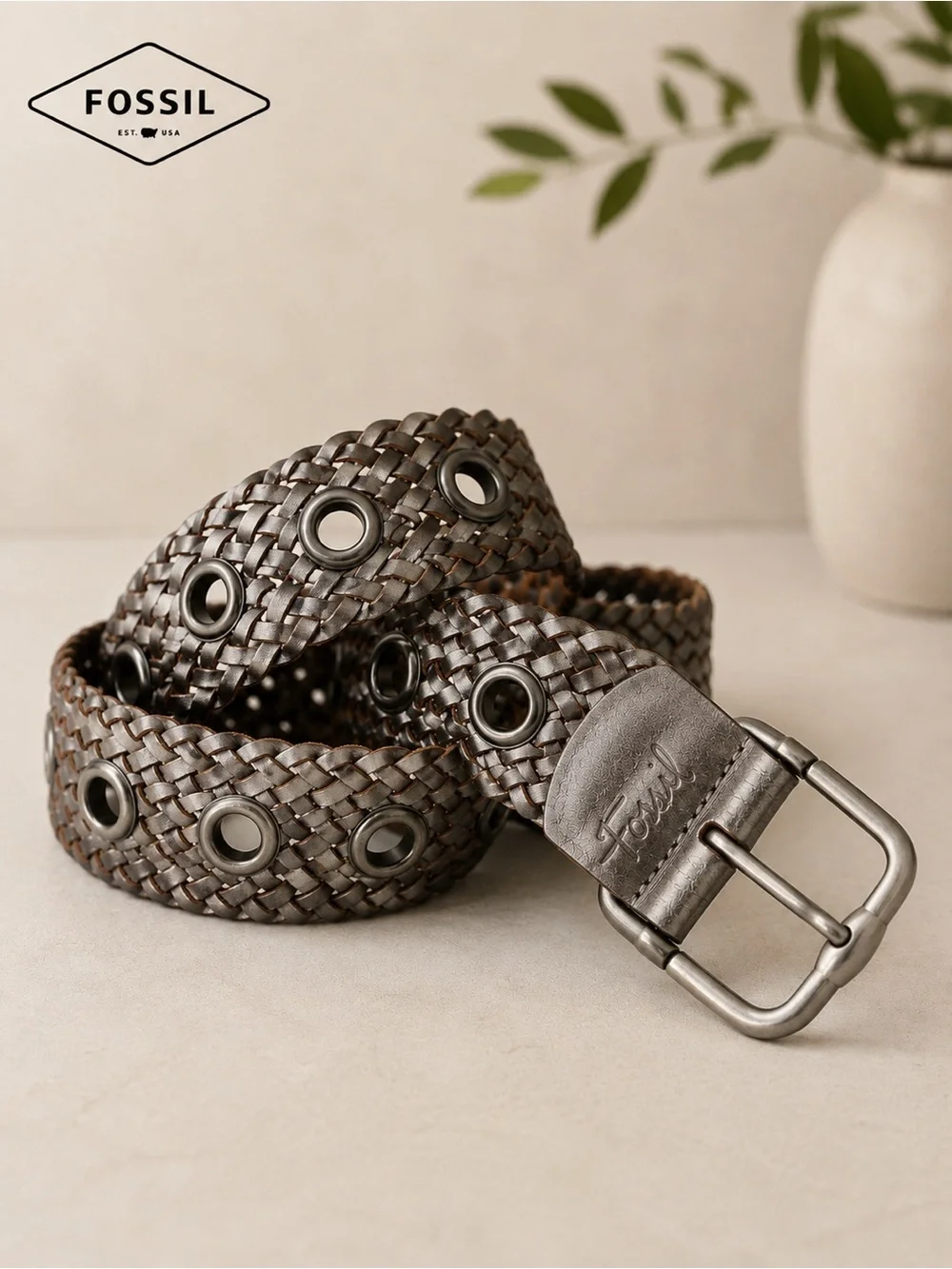 Fossil Metallic Silver Braided Genuine Leather Grommet Belt Size S